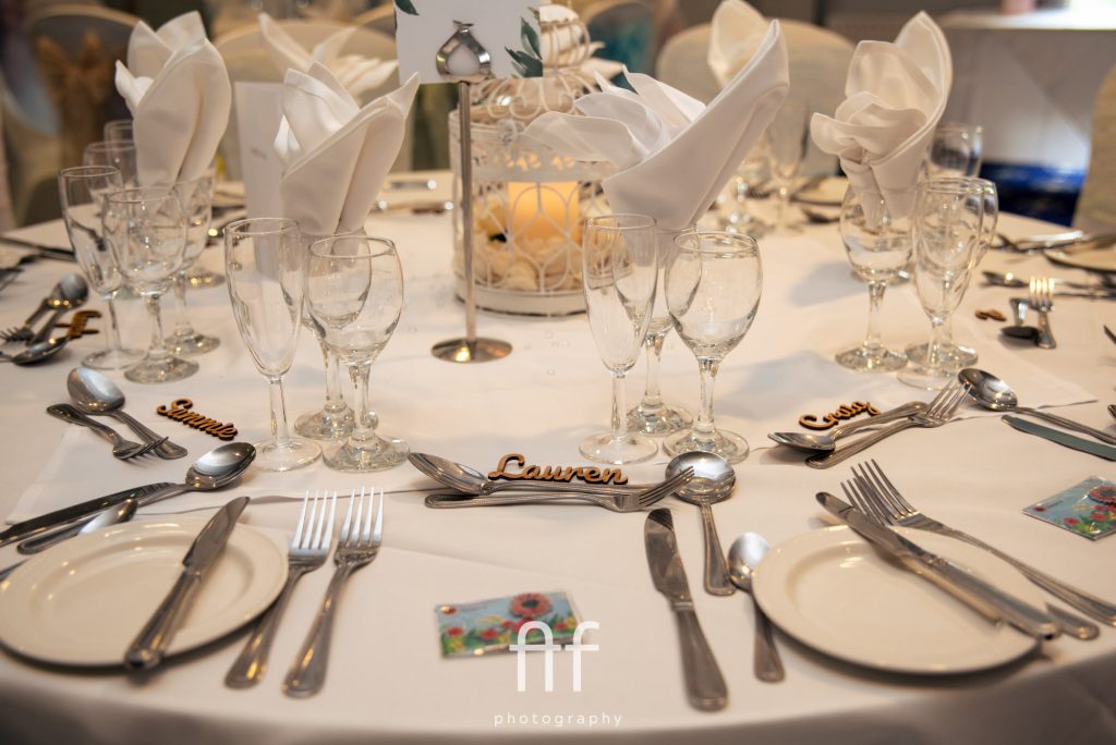 Venue decor for wedding breakfast at Waterton Park Hotel