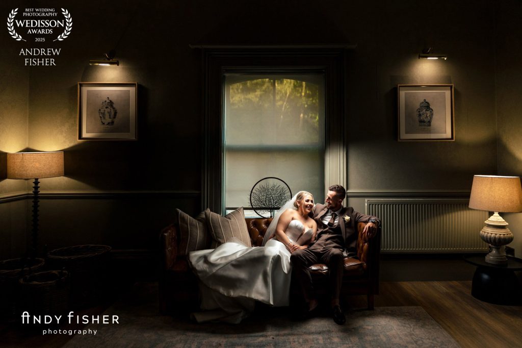 Beautifully crafted romantic photograph of a couple in the lounge bar at Hackness Grange